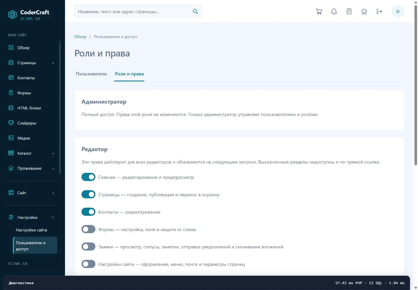 Разрешения редактора. Полный доступ администратора задаётся самой ролью.