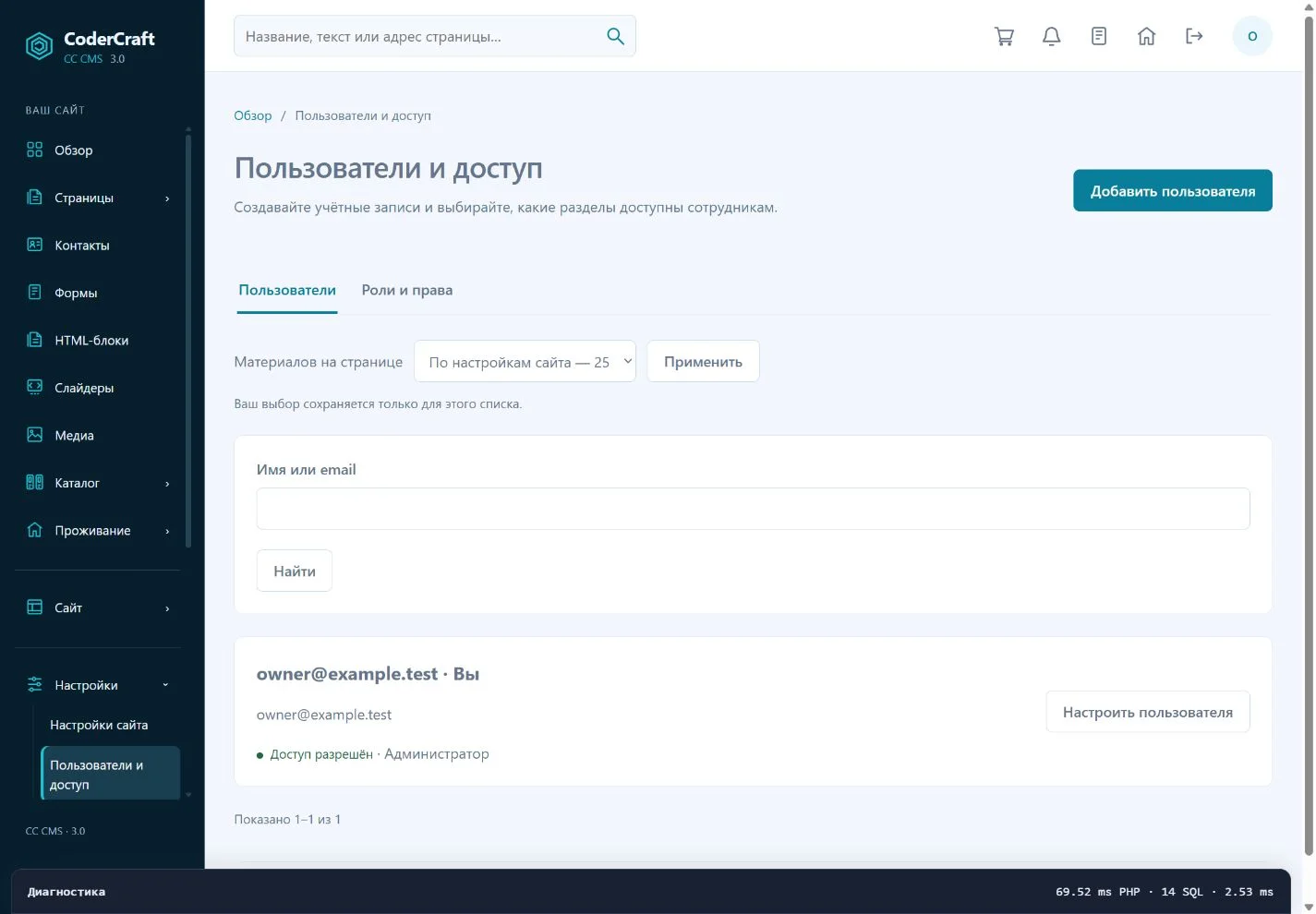 Список пользователей учебной административной панели.